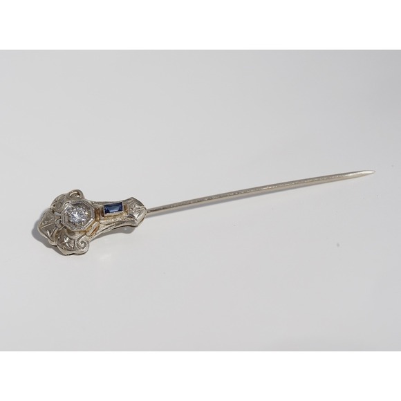 Antique 18k Solid White Gold Old Mine‎ Cut Diamond Sapphire Stickpin - Hat pin - Picture 6 of 11